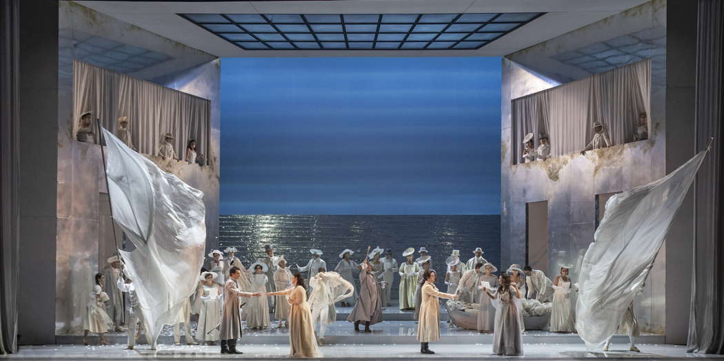 From left to right: Alessandro Luongo as Guglielmo, Eleonaro Buratto as Fiordiligi, Marco Filippo Romano as Don Alfonso, Giovanni Sala as Ferrando and Paola Gardina as Dorabella in Mozart's 'Così fan tutte' at Teatro Regio di Torino. Photo © 2021 Silvia Lelli