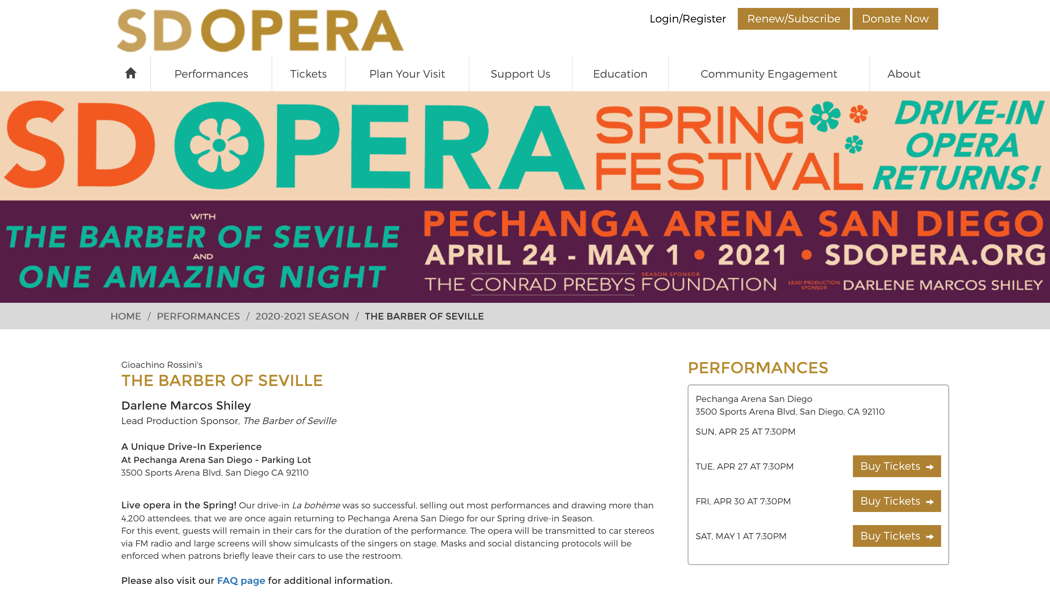 A screenshot from San Diego Opera's website advertising Rossini's 'The Barber of Seville'