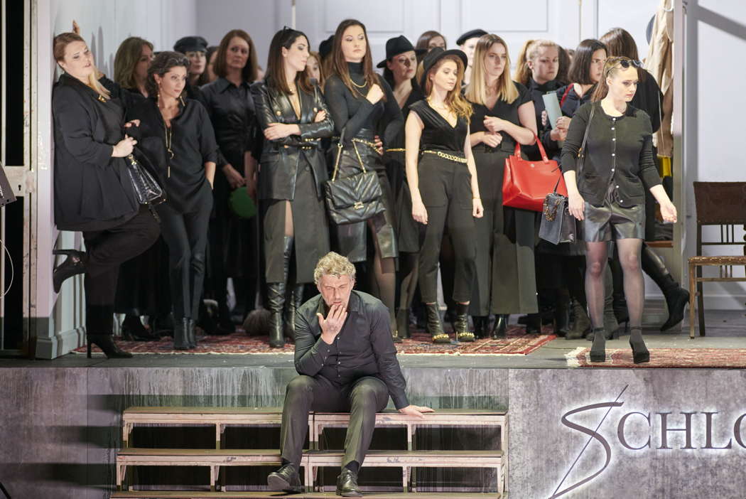 The flower maidens with, behind them, members of the Vienna State Opera Chorus and below, seated, Jonas Kaufmann as Parsifal in the Vienna State Opera production of Wagner's 'Parsifal'. Photo © 2021 Michael Pöhn