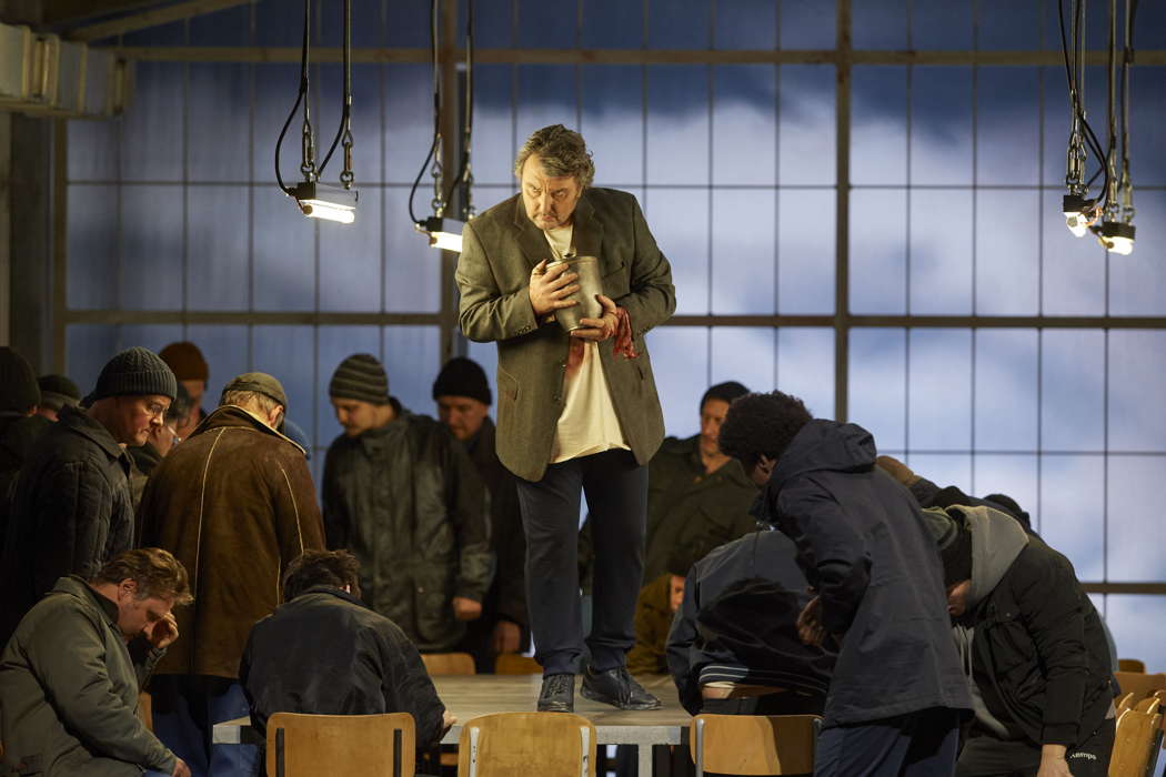 Ludovic Tézier as Amfortas with members of the Vienna State Opera Chorus in Wagner's 'Parsifal' at Vienna State Opera. Photo © 2021 Michael Pöhn