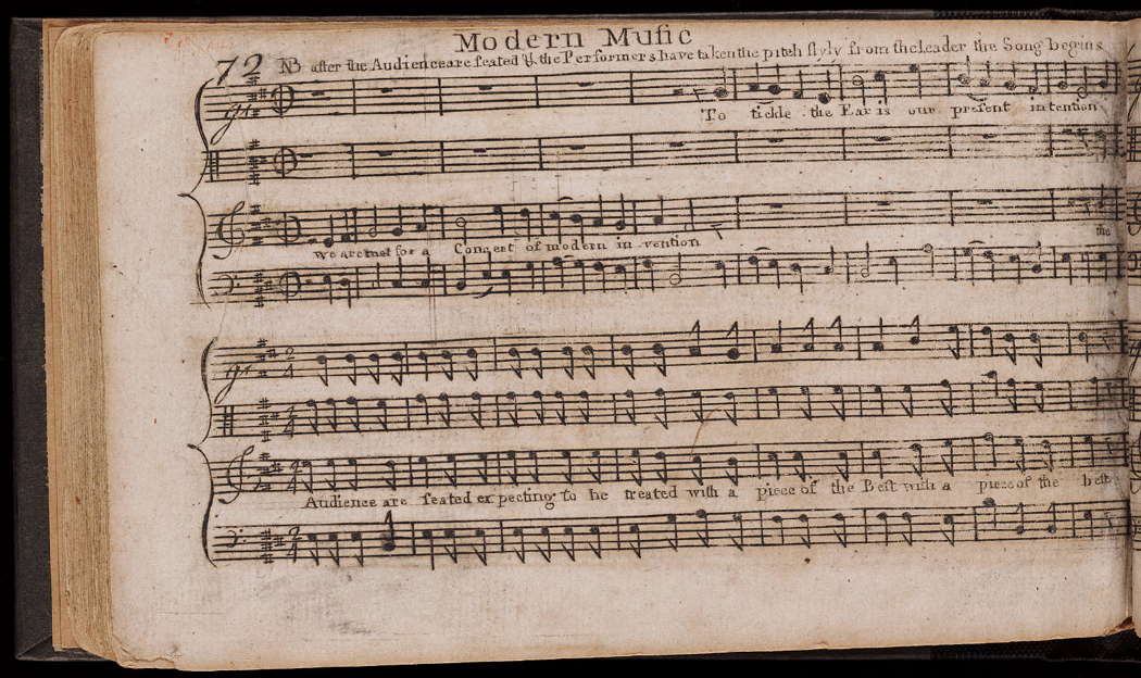 The first page of 'Modern Music' from 'Psalm-Singers Amusement' (1781) by American composer William Billings (1746-1800)