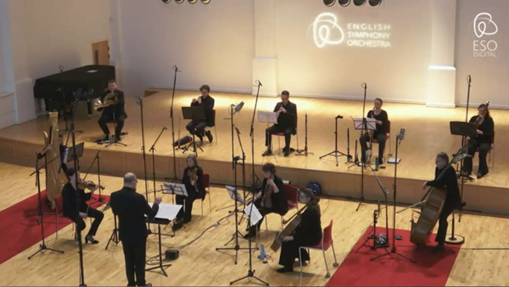 Members of the English Symphony Orchestra and Kenneth Woods performing Adrian Williams' chamber concerto 'Portraits of Ned Kelly' at Wyastone Concert Hall