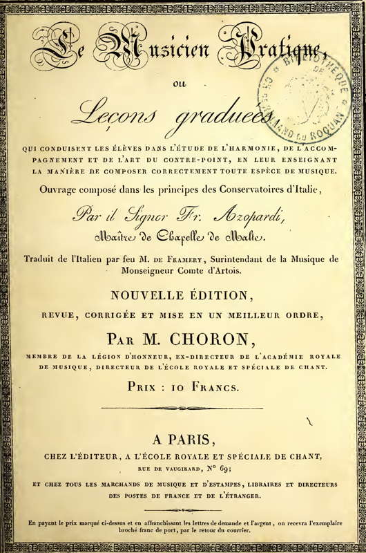 Title page of the French edition of 'Il Musico Pratico' by Francesco Azopardi