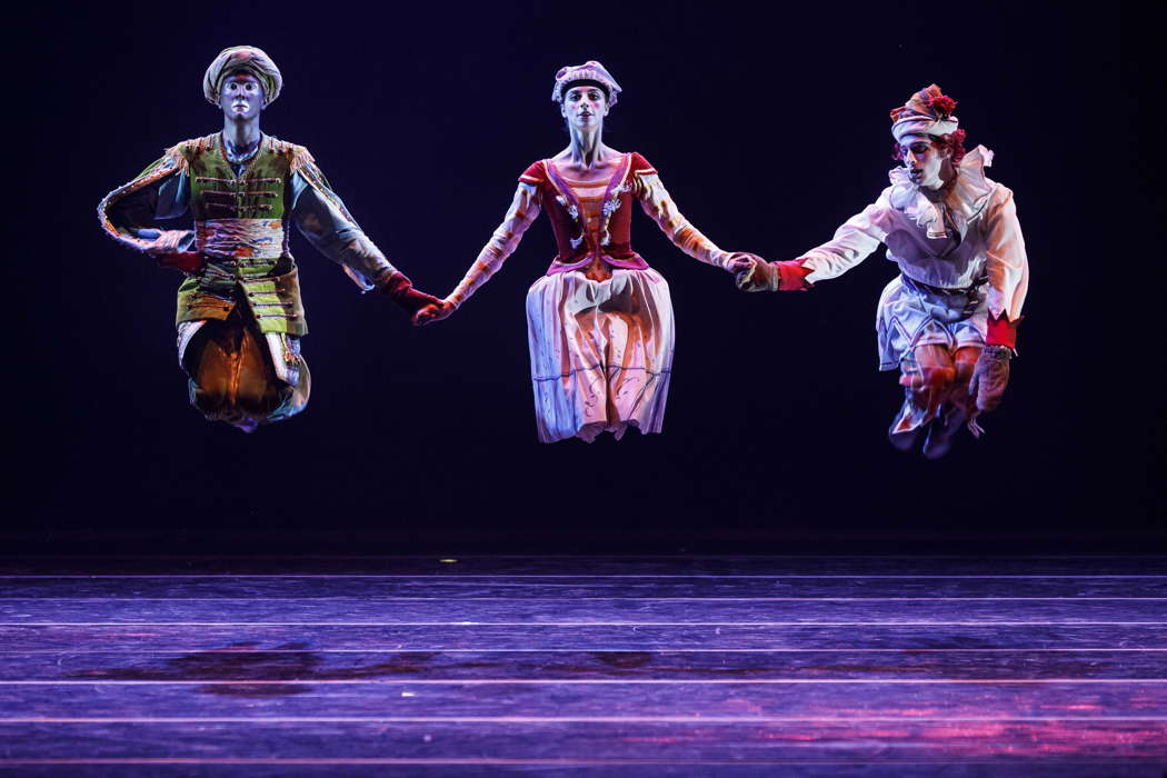 Tommaso Beneventi (the Moor), Susanna Elviretti (la Ballerina) and Mattia Tortora in the title role of 'Petrushka' at the Stravinsky anniversary celebrations in Rome. Photo © 2021 Musacchio, Ianniello & Pasqualini