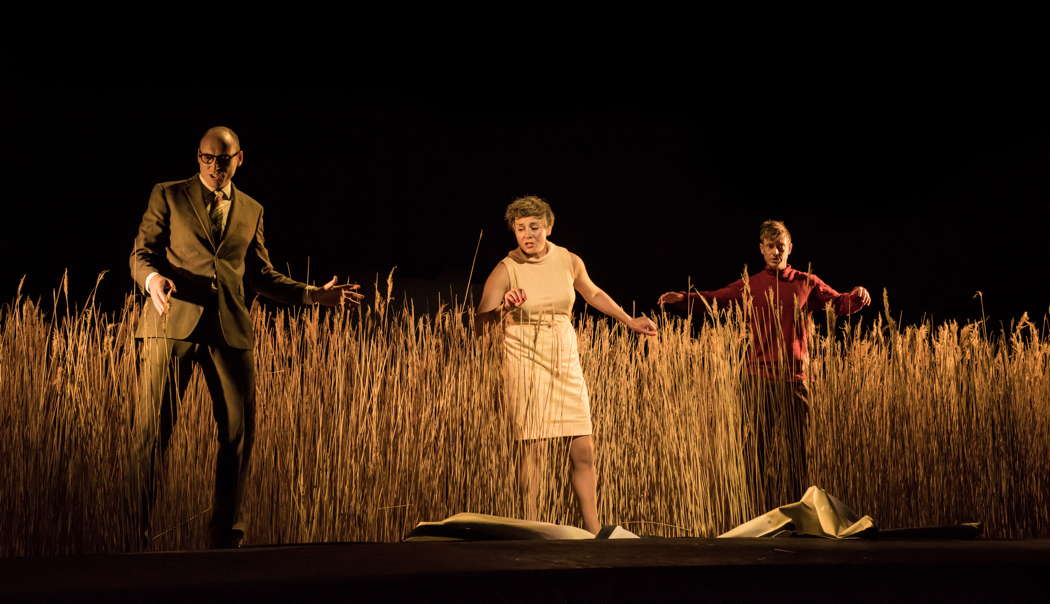 From left to right: Jorge Navarro Colorado as the presenter, Anna Dennis as Galatea and Sam Boden as Acis in Handel's 'Acis and Galatea' at the Buxton Festival. Photo © 2021 Genevieve Girling