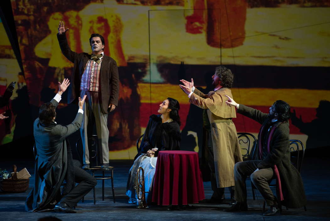 From left to right: Gabriele Savona as Colline, Piero Pretti as Rodolfo, Vittoria Yeo as Mimì, Simone Del Savio as Schaunard and Luca Micheletti as Marcello in 'La bohème' in Rome. Photo © 2021 Fabrizio Sansoni