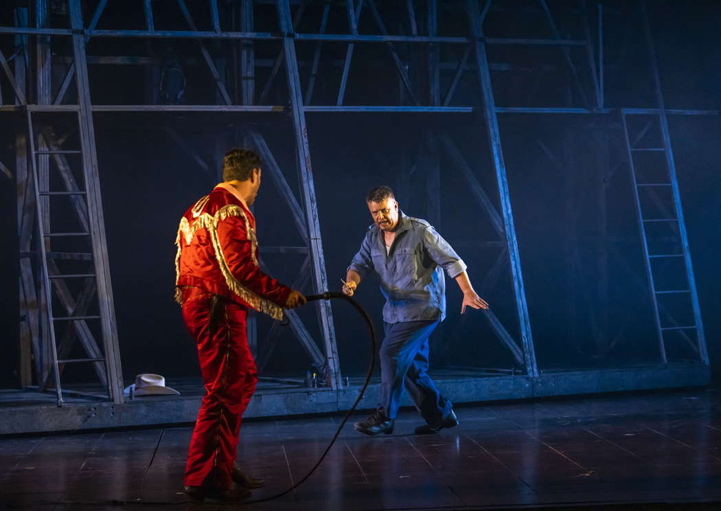 Phillip Rhodes as Escamillo and Erin Caves as Don José in Opera North's 'Carmen'. Photo © 2021 Tristram Kenton