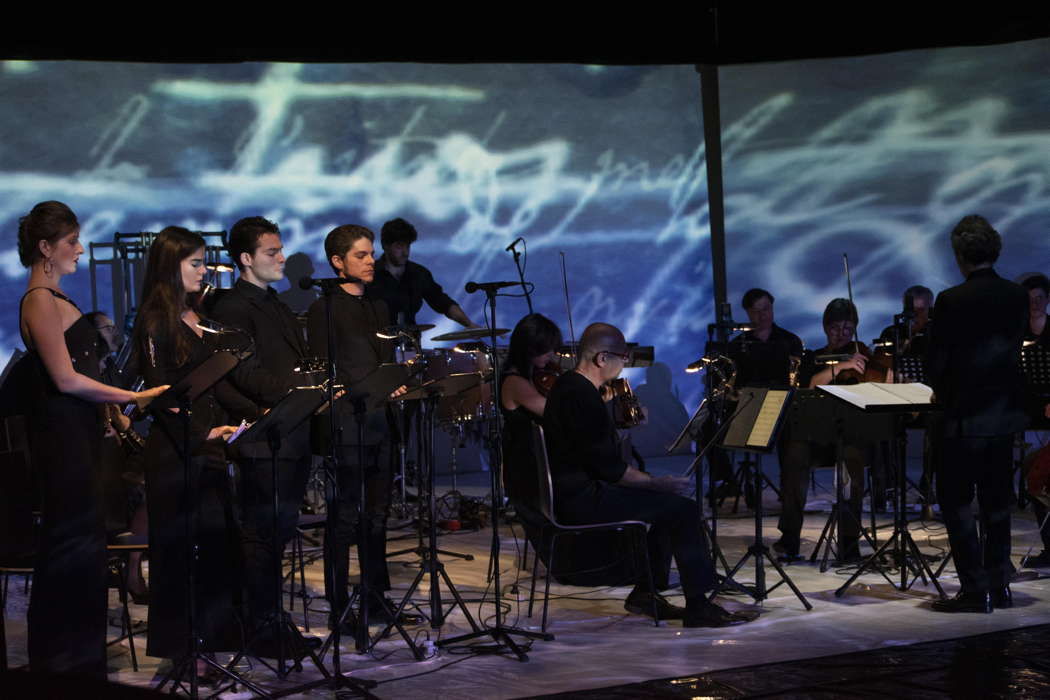 The vocal quartet of the Academy of Lyric Art of Osimo with the Bruno Maderna Ensemble and director Gabriele Bonolis performing Filotei's 'L'ultima estate'. Photo © 2021 Simone Scatarzi Alberti