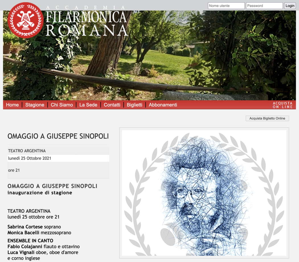 Online publicity for Accademia Filarmonica Romana's 'Omaggio a Giuseppe Sinopoli' concert