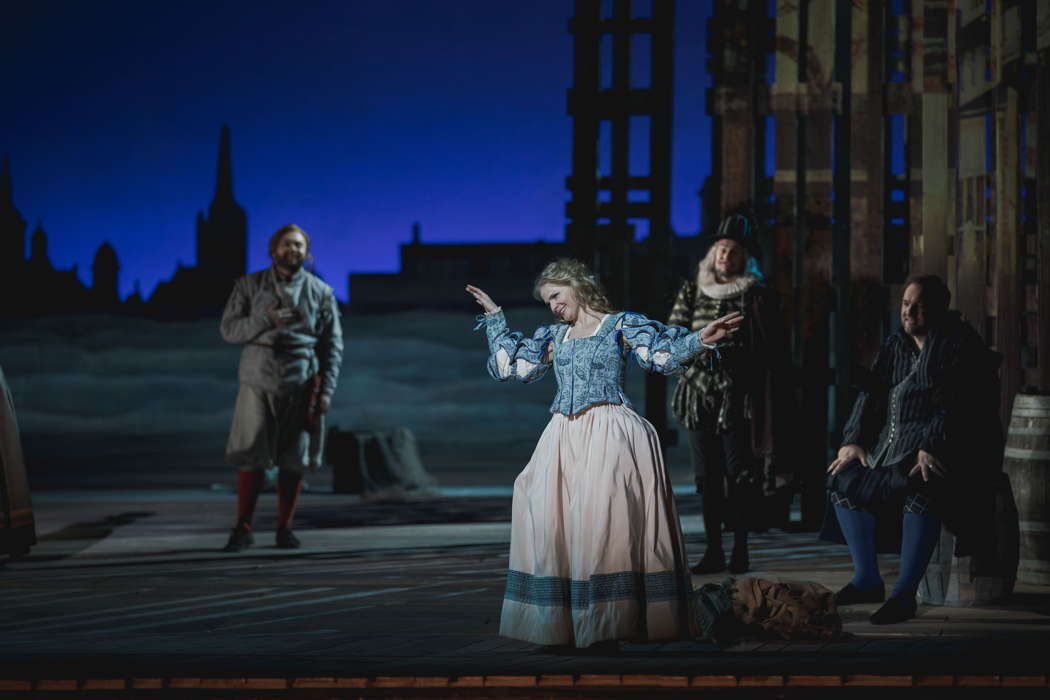 From left to right: Matthew Swensen as Fenton, Francesca Boncompagni as Nannette, Christian Collia as Dr Cajus and Simone Piazzola as Mr Ford in Verdi's 'Falstaff' at the Teatro del Maggio Musicale Fiorentino. Photo © 2021 Michele Monasta