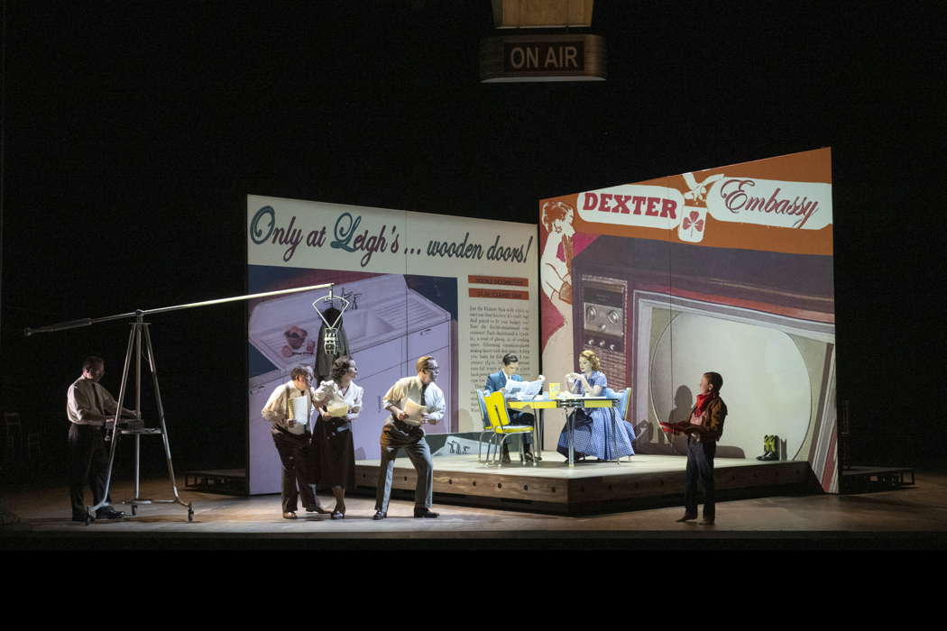 Joseph Shovelton, Laura Kelly-McInroy and Nicholas Butterfield as the Trio, Quirijn de Lang as Sam, Sandra Piques Eddy as Dinah and Isaac Sarsfield as Junior in Opera North's revival of Leonard Bernstein's 'Trouble in Tahiti' at Leeds Grand Theatre on 16 October 2021. Photo © 2021 Richard H Smith