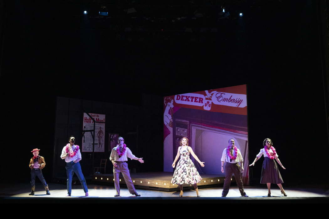 Isaac Sarsfield as Junior, Quirijn de Lang as Sam, Nicholas Butterfield (Trio), Sandra Piques Eddy as Dinah, Joseph Shovelton (Trio) and Laura Kelly-McInroy (Trio) in Opera North's revival of Leonard Bernstein's 'Trouble in Tahiti' at Leeds Grand Theatre on 16 October 2021. Photo © 2021 Richard H Smith