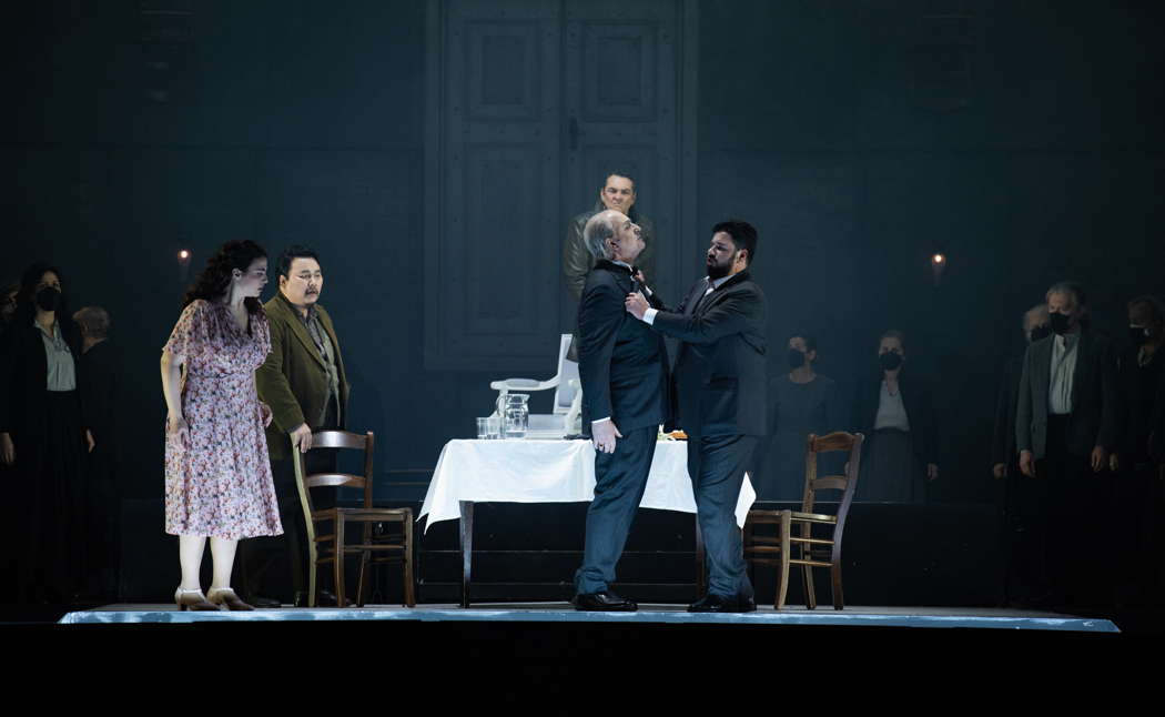 Roberta Mantegna as Luisa, Amartuvshin Enkhbat as retired soldier Miller, Luisa's father, Michele Pertusi as Count Walter, Antonio Poli as Rodolfo and Marco Spotti as Wurm, Walter's steward, in Opera di Roma's 'Luisa Miller'. Photo © 2022 Fabrizio Sansoni