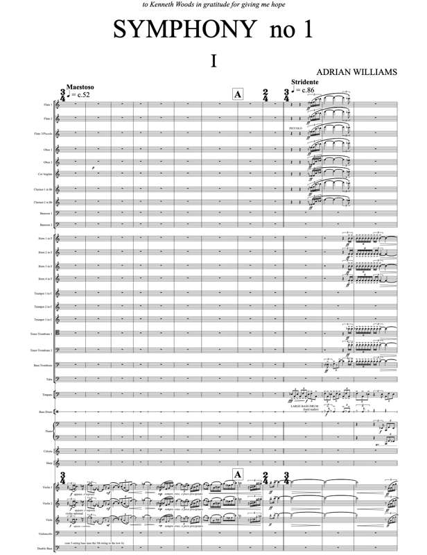 The first page of the full score for Adrian Williams' Symphony No 1