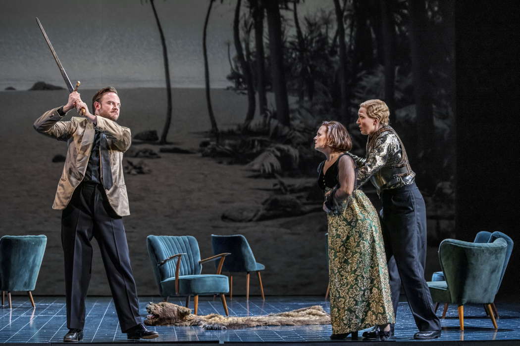 Nick Pritchard as Oronte, Fflur Wyn as Morgana and Mari Askvik as Bradamante in Opera North's production of Handel's 'Alcina'. Photo © 2022 James Glossop