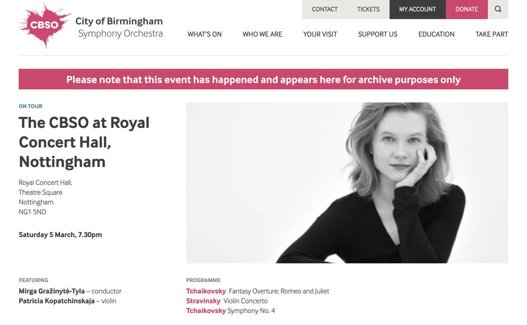 CBSO online publicity for the 5 March 2022 Nottingham concert, including a portrait of Mirga Gražinytė-Tyla