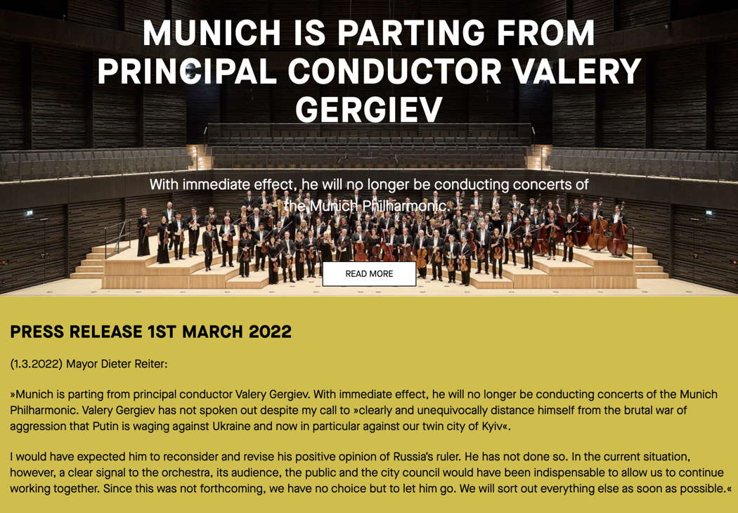 A statement on the Munich Philharmonic Orchestra website published on 1 March 2022 about parting company with Valery Gergiev pianist Evgeny Kissin on Instagram, taking a stance against Vladimir Putin's invasion of Ukraine