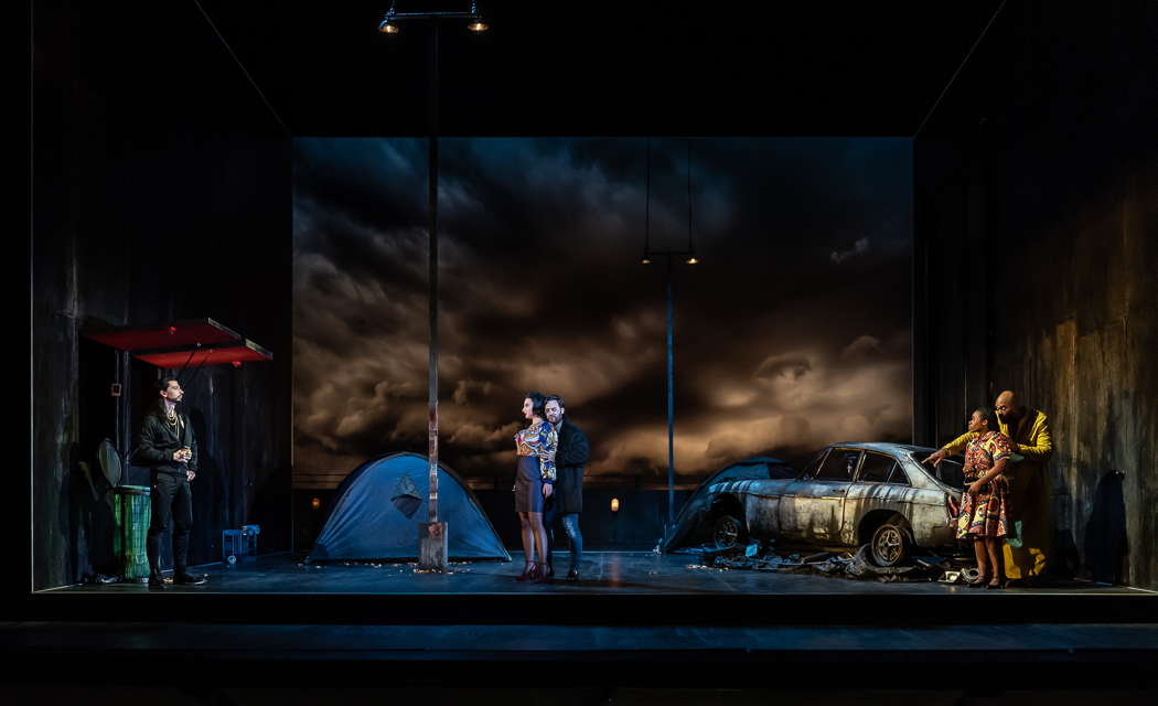 Callum Thorpe as Sparafucile, Alyona Abramova as Maddalena, Roman Arndt as the Duke of Mantua, Jasmine Habersham as Gilda and Eric Greene as Rigoletto in the opening performance of Opera North's production of Verdi's 'Rigoletto' at Leeds Grand Theatre on 22 January 2022. Photo © 2022 Clive Barda