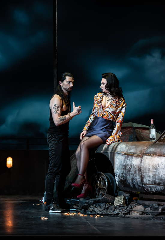 Callum Thorpe as Sparafucile and Alyona Abramova as Maddalena in the opening performance of Opera North's production of Verdi's 'Rigoletto' at Leeds Grand Theatre on 22 January 2022. Photo © 2022 Clive Barda