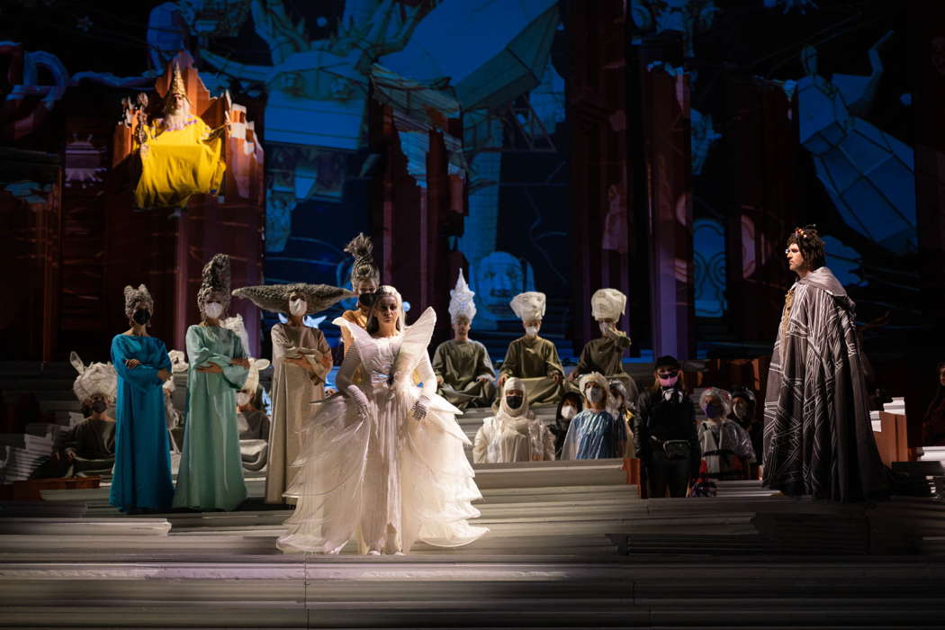 Ewa Vesin as Turandot, Angelo Villari as Calaf and Rodrigo Ortiz as Altoum in Opera di Roma's 'Turandot'. Photo © 2022 Fabrizio Sansoni