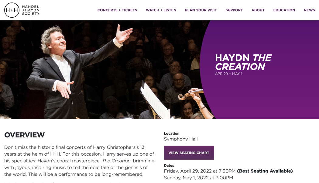 Online publicity for Boston Handel and Haydn Society's Haydn's 'The Creation'