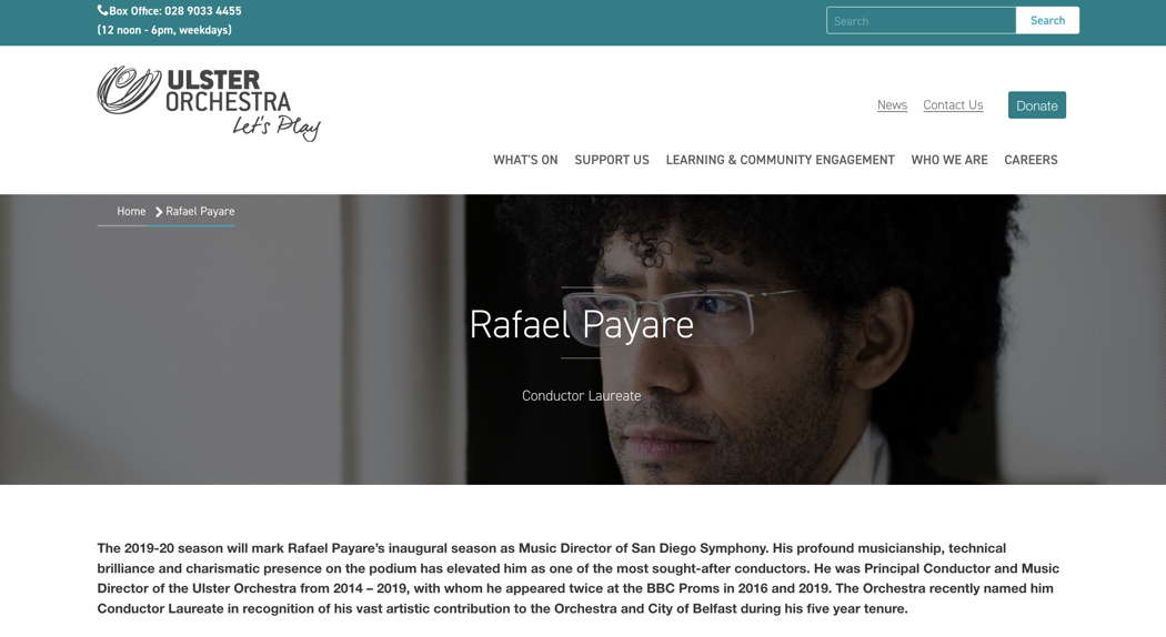 The Ulster Orchestra's online publicity for Rafael Payare