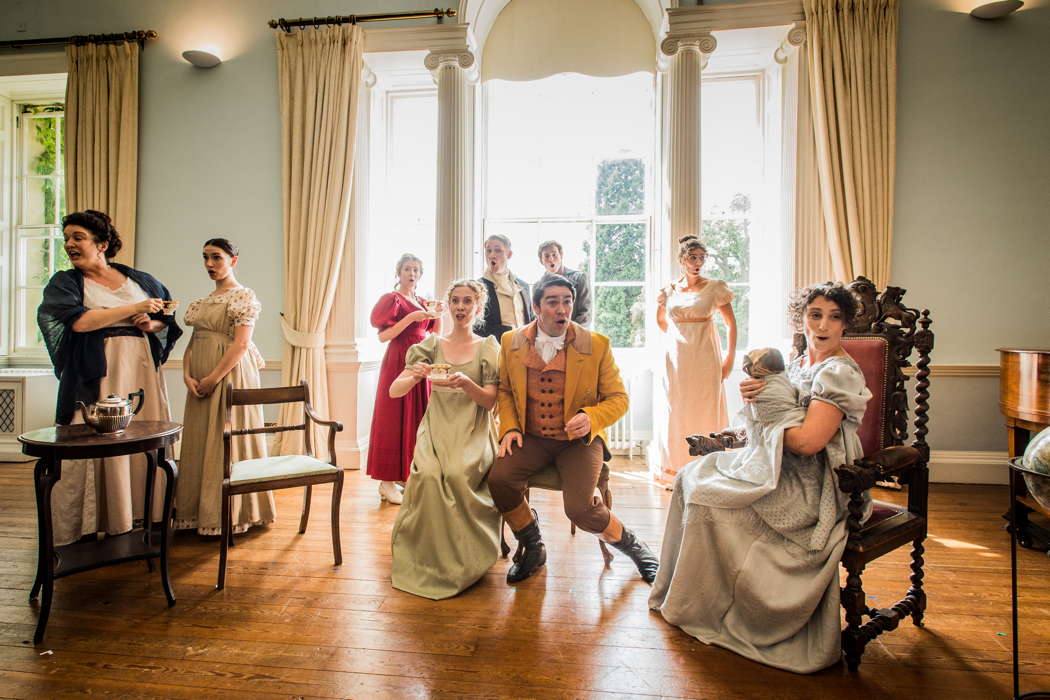 Eleanor Sanderson-Nash, Milo Harries, Lawrence Thackeray, Sarah Anne Champion and Emily Gray in a scene from a 2018 performance of Jonathan Dove's 'Mansfield Park' at the Waterperry Opera Festival. Photo © 2018 Robert Workman