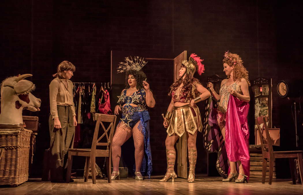 From left to right: Monique Young as Louise, Aiesha Pease as Electra, Rebecca Lisewski as Mazeppa and Tiffany Graves as Tessie Tura in the Buxton Festival / Buxton Opera House production of 'Gypsy: A Musical Fable'. Photo © 2022 Genevieve Girling