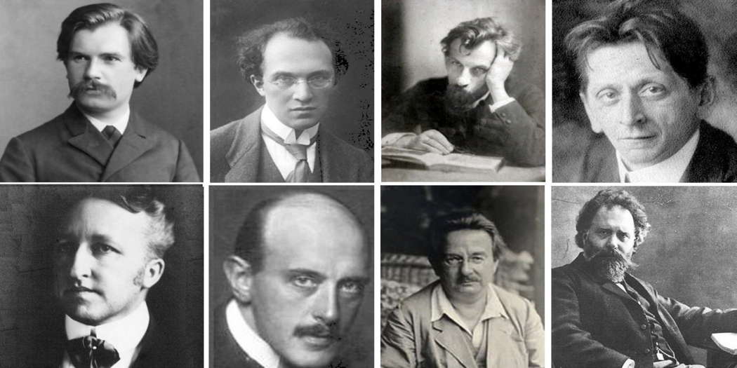 Eight great neo-Romantic composers. Top (left to right): Eugen d'Albert, Franz Schreker, Hans Pfitzner and Alexander Zemlinsky. Below: Siegfried Wagner, Max von Schillings, Franz Schmidt and Wilhelm Kienzl.