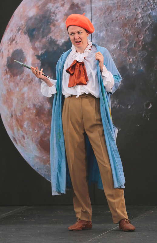 Catherine Backhouse as Ernesto, in love with Flaminia, and backed by director and designer's Jeremy Gray's stupendously realistic moon in Bampton Classical Opera's 'Fool Moon'. Photo © 2022 Anthony Hall
