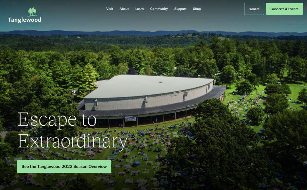 A screenshot from the Boston Symphony Orchestra website advertising the Tanglewood 2022 Season and featuring the Koussevitzky Music Shed