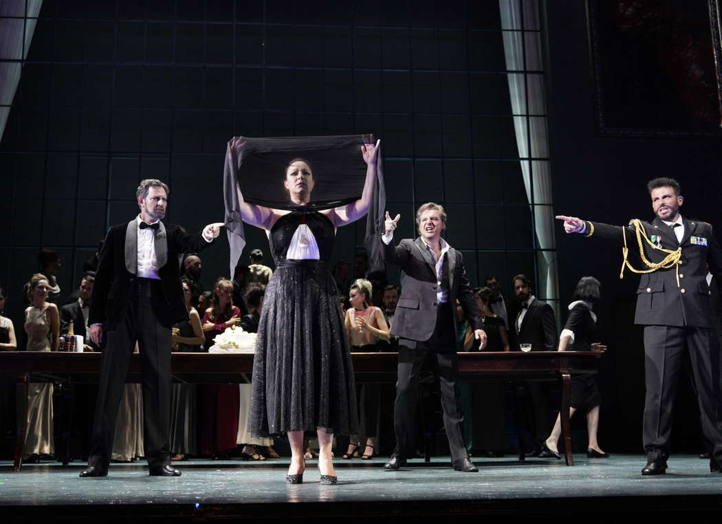 Evgeny Stavinsky as Elmiro, Eleonora Buratto as Desdemona, Dmitry Korchak as Rodrigo and Enea Scala in the title role of the Rossini Opera Festival's production of 'Otello'. Photo © 2022 Amati Bacciardi