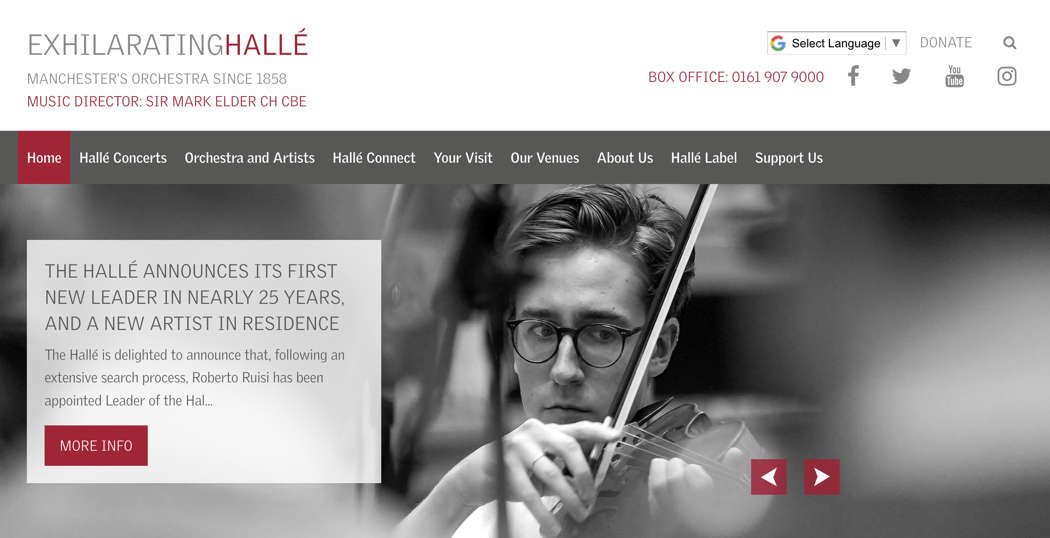 Screenshot from the Hallé Orchestra website announcing Roberto Luisi as the orchestra's first new leader in nearly twenty-five years