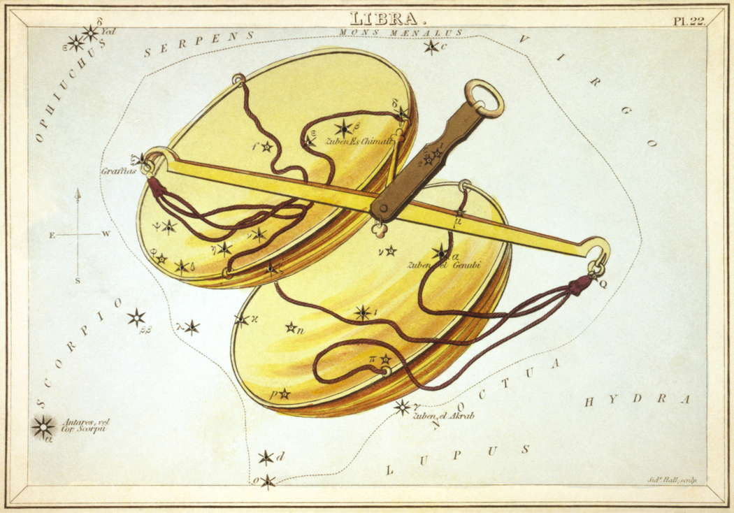 The star sign 'Libra' (1825, as depicted in 'Urania's Mirror') by Reverend Richard Rouse Bloxam (1765-1840), engraved by Sidney Hall (1788-1831)
