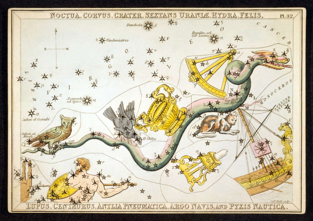 'Noctua, Corvus, Crater, Sextans Uraniæ, Hydra, Felis, Lupus, Centaurus, Antlia Pneumatica, Argo Navis and Pyxis Nautica' (1825, as depicted in 'Urania's Mirror') by Reverend Richard Rouse Bloxam (1765-1840), engraved by Sidney Hall (1788-1831)