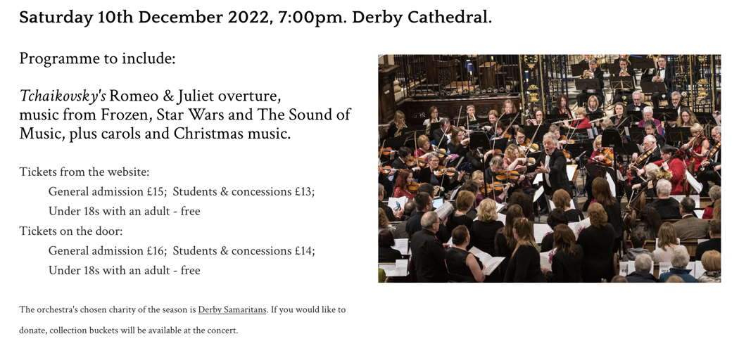 Online publicity for Derby Concert Orchestra's Christmas Concert on 10 December 2022