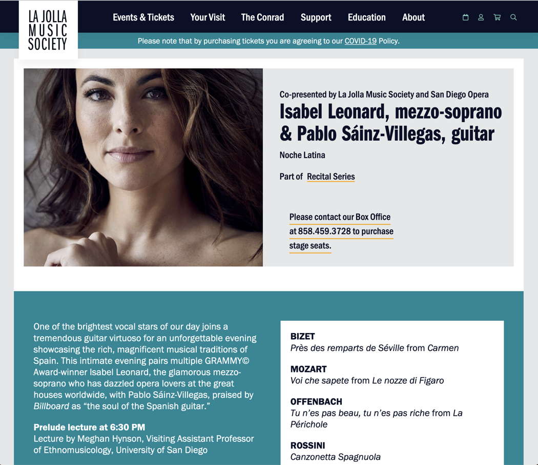 Online publicity from La Jolla Music Society for Isabel Leonard and Pablo Sáinz-Villegas' 1 December 2022 recital