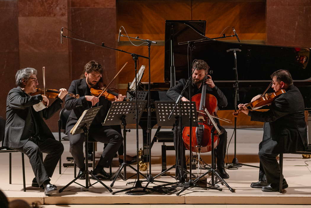 From left to right: Gabriele Pieranunzi, Fabrizio Falasca, Danilo Squitieri and Francesco Fiore performing at the Aula Magna of La Sapienza University in Rome. Photo © 2023 Andrea Caramelli