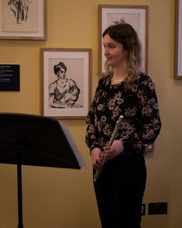 Flautist Hannah Gillingham at the opening of the exhibition. Photo © 2023 Claire Chevalier
