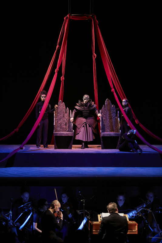 Dancer Kyda Pozza, Federico Fiorio singing Andronico and dancers Elda Bartolacci and Graziana Marzia, with, below, members of the Byzantine Academy, in Vivaldi's 'Tamerlano'. Photo © 2023 Zani Casadio