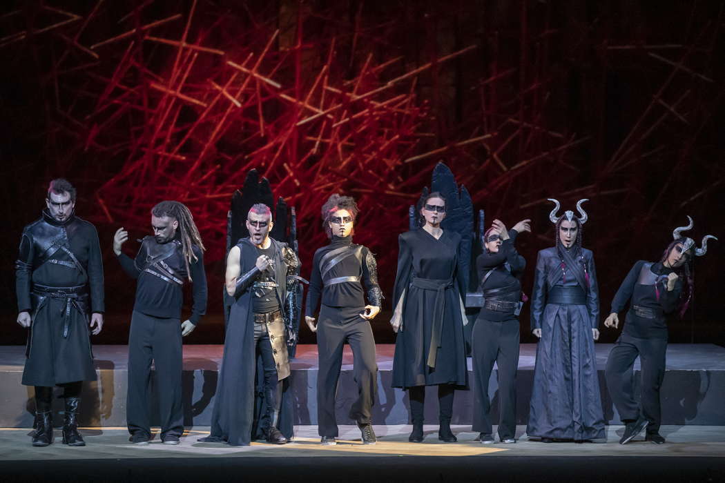 From left to right: Bruno Taddia singing Bajazet, dancer Davide Angelozzi, Filippo Mineccia singing Tamerlano, dancer Kyda Pozza, Delphine Galou singing Asteria, dancer Elda Bartolacci, Marie Lys singing Irene and dancer Alessandra Ruggeri in Vivaldi's 'Tamerlano'. Photo © 2023 Zani Casadio