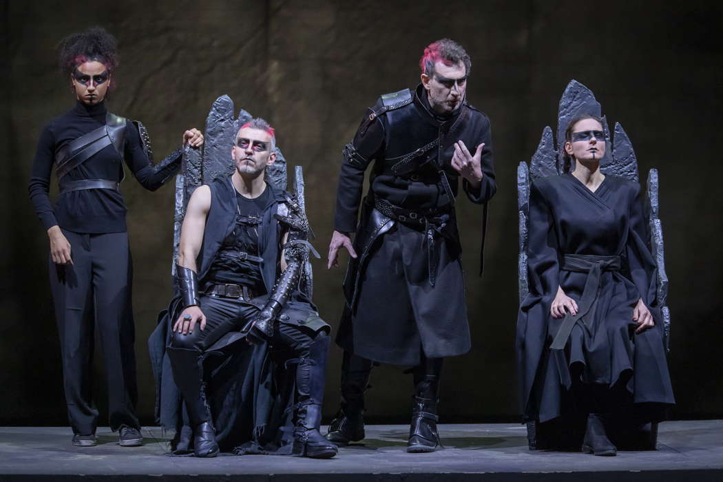 Dancer Kyda Pozza, Filippo Mineccia singing Tamerlano, Bruno Taddia singing Bajazet and Delphine Galou singing Asteria in Vivaldi's 'Tamerlano'. Photo © 2023 Zani Casadio