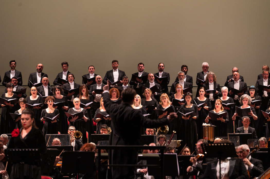 Members of the chorus with, bottom left, Elena Stikhina, performing Verdi's Requiem for Opera di Roma. Photo © 2023 Fabrizio Sansoni