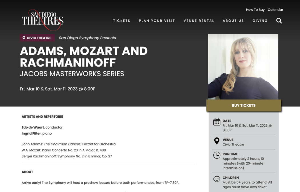 Online publicity for the San Diego Symphony's concerts on 10 and 11 March 2023 at San Diego Civic Theatre, featuring Ingrid Fliter