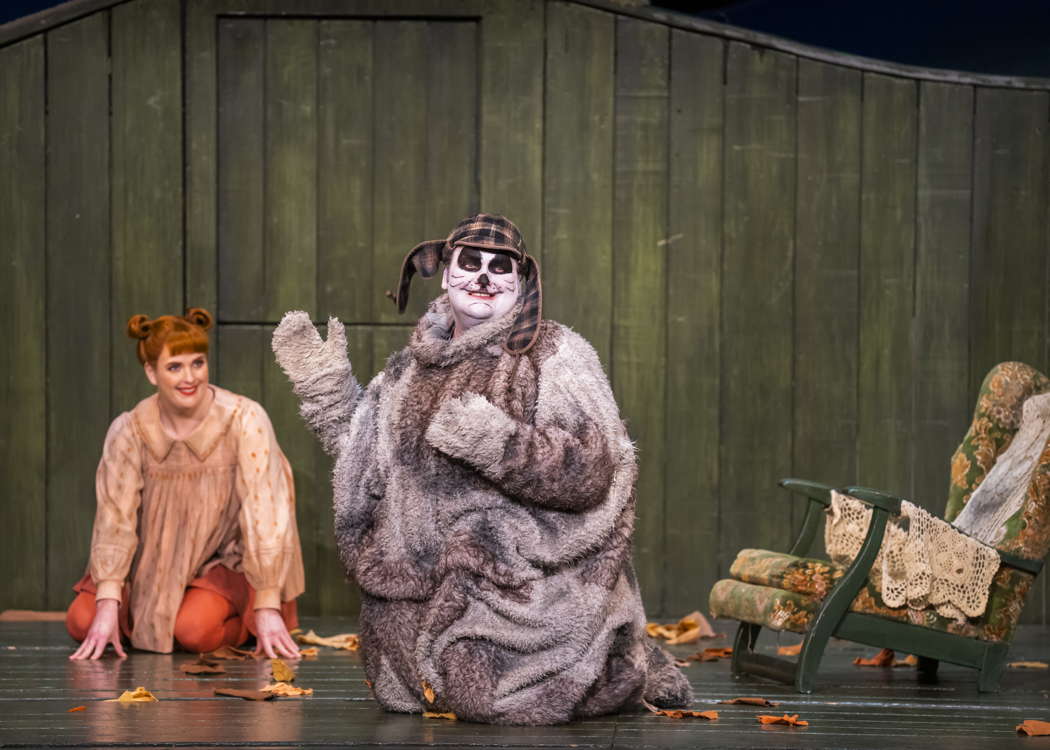 Elin Pritchard as Vixen Sharp-Ears and James Davies as Lapák in Opera North's production of Janáček's 'The Cunning Little Vixen'. Photo © 2023 Tristram Kenton
