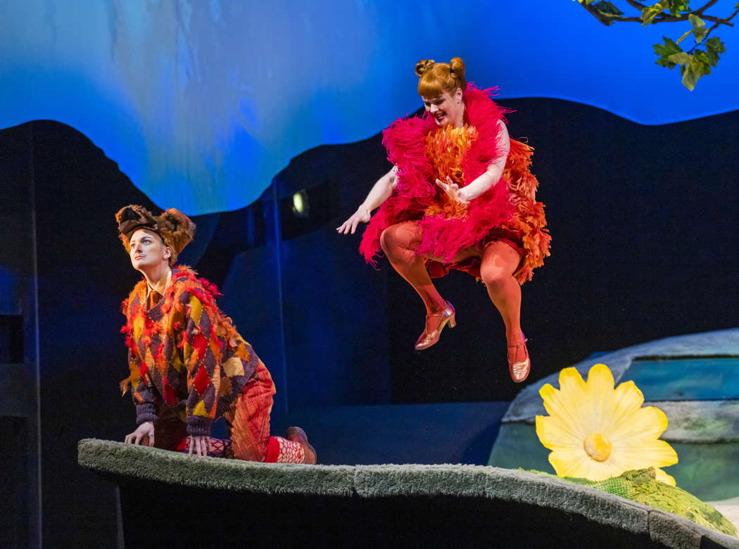 Heather Lowe as Fox and Elin Pritchard as Vixen Sharp-Ears in Opera North's production of Janáček's 'The Cunning Little Vixen'. Photo © 2023 Tristram Kenton