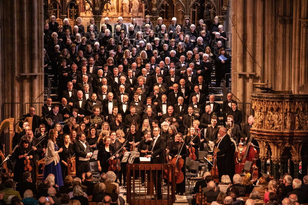 Worcester Festival Choral Society, Meridian Sinfonia and Samuel Hudson at the performance of Elgar's 'The Dream of Gerontius' in Worcester Cathedral. Photo © 2023 Michael Whitefoot