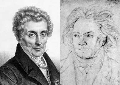 Italian composer Luigi Cherubini (1760-1842, left) in old age, by Marie Alexandre Alophe, and German composer and pianist Ludwig van Beethoven (1770-1827) in 1818 by August Klöber