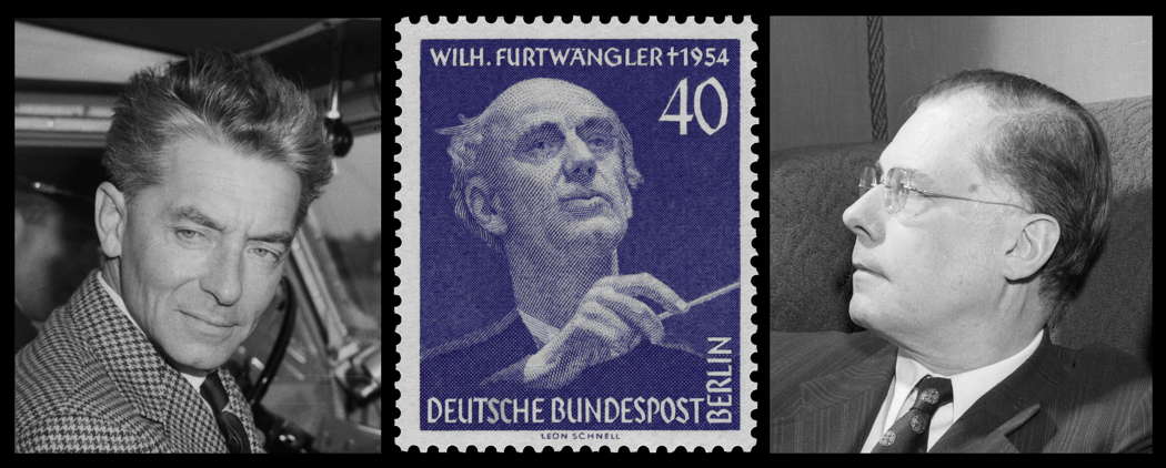 From left to right, conductors Herbert von Karajan (1908-1989) at Schipol in 1963, Wilhelm Furtwängler (1886-1954) on a 1955 postage stamp for West Berlin and Karl Böhm (1894-1981) in the 1950s