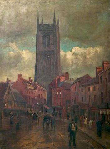 The tower of All Saints Church, Derby - now Derby Cathedral - in 1889, painted by Alfred John Keane (1864-1930)